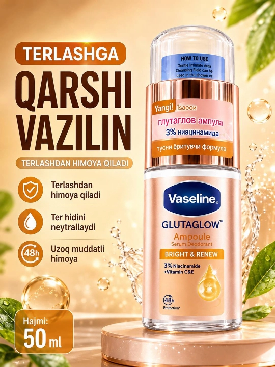 Vaseline GlutaGlow Ampoule Bright & Dry qo'ltiq osti serum-deodoranti, 50 ml - 