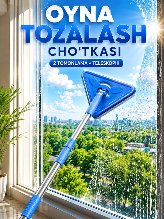 Uchburchak oyna tozalash cho‘tkasi, teleskopik sopli, 2 tomonlama mikrofiber mop - 