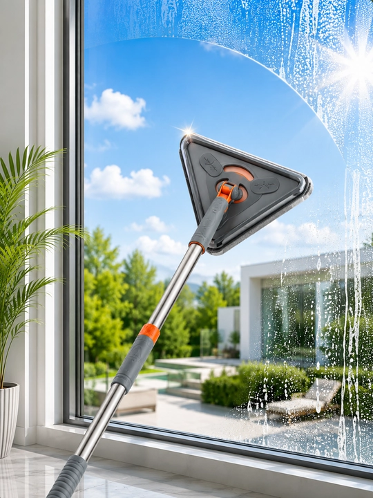 Uchburchak oyna tozalash cho‘tkasi, teleskopik sopli, 2 tomonlama mikrofiber mop - 