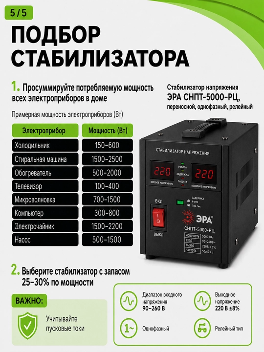 Era SNPT-5000-RS 5000VA kuchlanish stabilizatori, 90-260 V, ko‘chma, 220 V