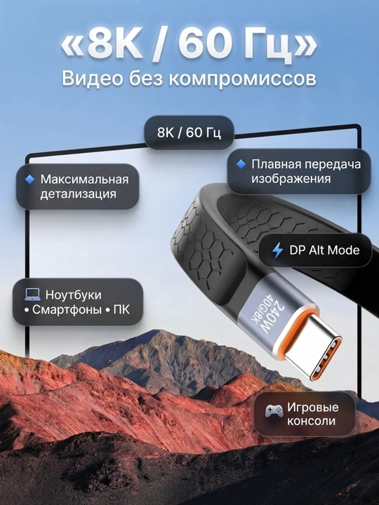 Кабель USB4 Type-C 240W, USB-C–USB-C 40Gbps, Thunderbolt 4, 8K, быстрая зарядка
