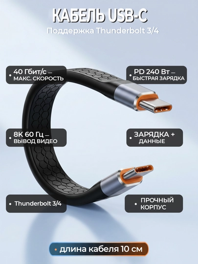 Кабель USB4 Type-C 240W, USB-C–USB-C 40Gbps, Thunderbolt 4, 8K, быстрая зарядка