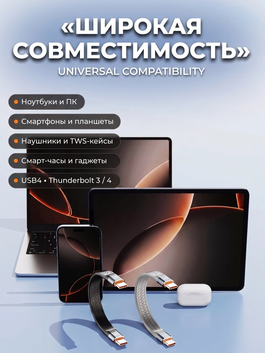 Кабель USB4 Type-C 240W, USB-C–USB-C 40Gbps, Thunderbolt 4, 8K, быстрая зарядка