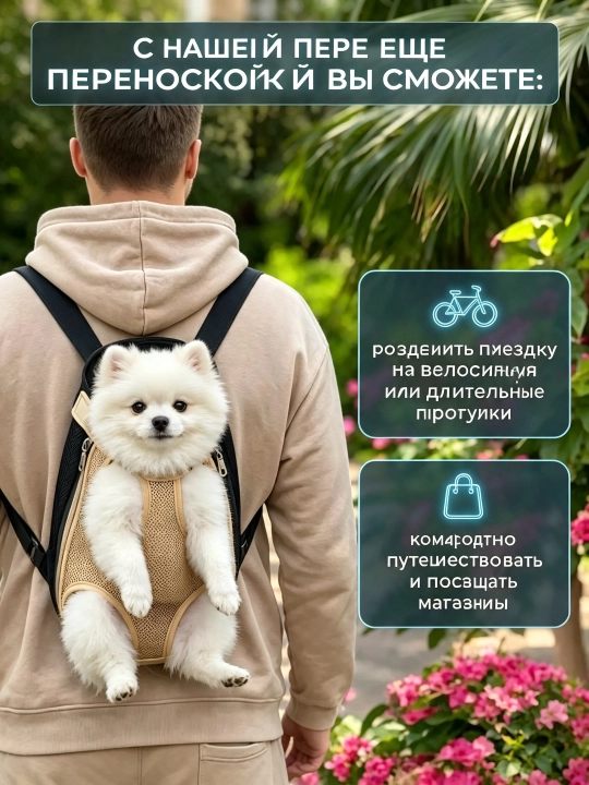 Рюкзак-переноска для кошек и собак до 5 кг, дышащая ткань, регулируемые лямки