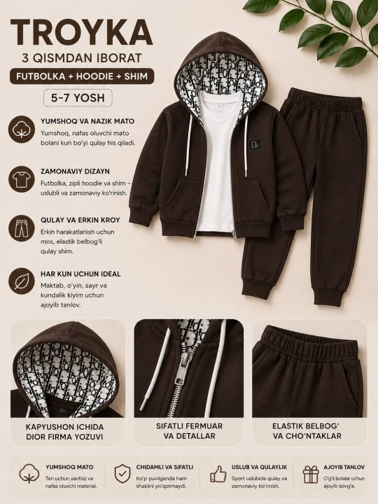 O‘g‘il bolalar uchun 3 qismli sport kostyumi, kapyushonli to‘plam, 5–7 yosh