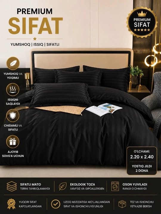 2 kishilik komplekt, 2 kishilik koʻrpa jild, 1 ta choyshab, 2 ta yostiq, materiali xb satin - 