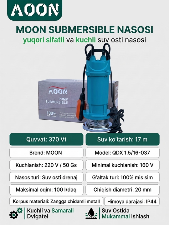 Drenaj nasosi, MOON botma nasosi QDX1.5-16-0.37,Suv osti nasosi