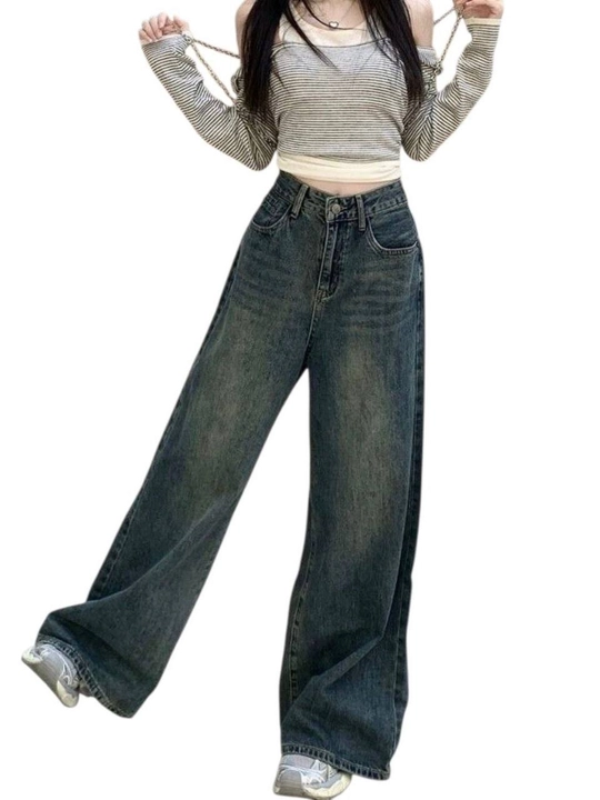 Ayollar jinsi shim, Wide Leg, baland bel, keng pachali, och ko'k, kundalik uslub