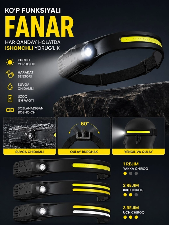LED налобный фонарь с датчиком движения, 3 режима, регулируемый, водостойкий - 