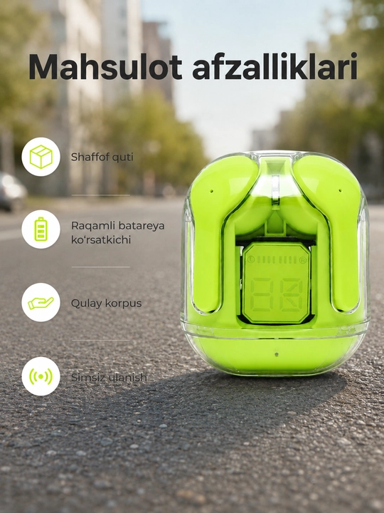Raqamli zaryad ko‘rsatkichli simsiz quloqchin, shaffof quti bilan