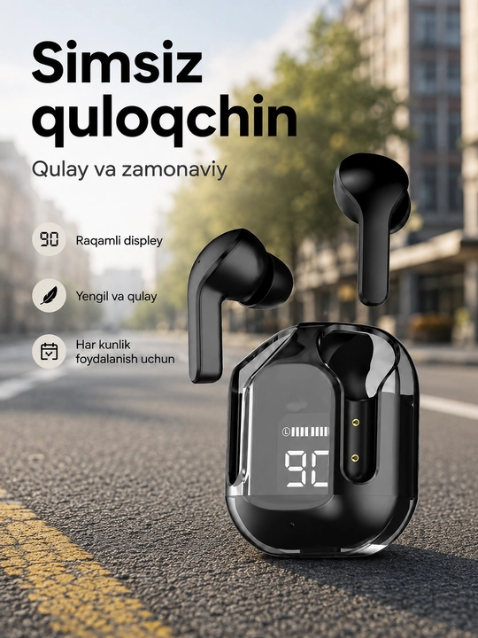 Raqamli zaryad ko‘rsatkichli simsiz quloqchin, shaffof quti bilan