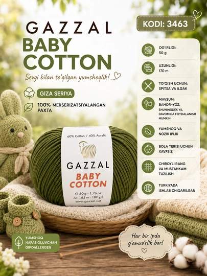 Gazzal Baby Cotton - мягкая детская трикотажная нить, 100% хлопок, 50 г - 