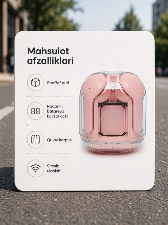 Raqamli zaryad ko‘rsatkichli simsiz quloqchin, shaffof quti bilan - 
