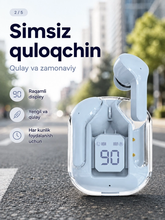 Raqamli zaryad ko‘rsatkichli simsiz quloqchin, shaffof quti bilan
