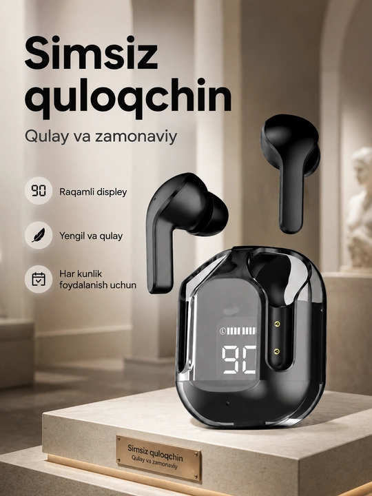 Shaffof qutili simsiz TWS quloqchin, raqamli batareya displeyi bilan