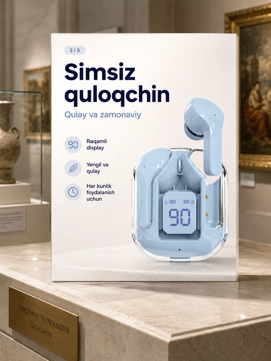 Shaffof qutili simsiz TWS quloqchin, raqamli batareya displeyi bilan - 