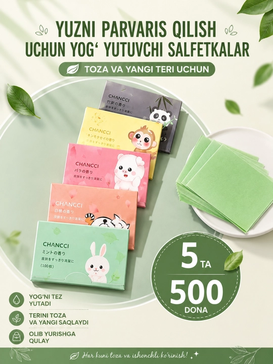 Yuz uchun yog‘li yaltirashdan himoyalovchi salfetkalar - 