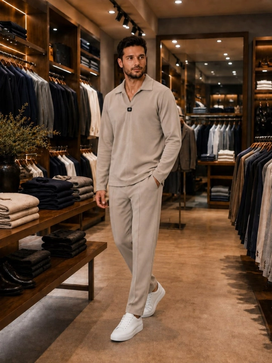 Мужской костюм двойка с поло с длинным рукавом и прямыми брюками, smart casual