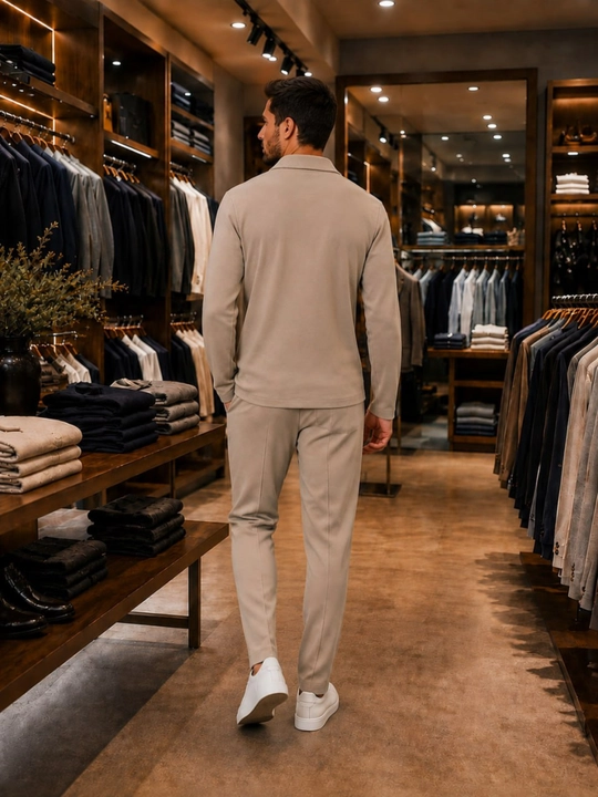 Мужской костюм двойка с поло с длинным рукавом и прямыми брюками, smart casual