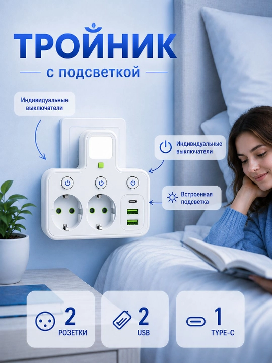 2 ta yevro rozetkali tarmoq ajratgich USB Type-C alohida tugmalar va tungi chiroq bilan