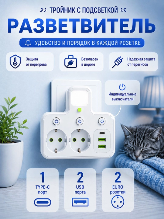 Разветвитель тройник на 2 евро розетки с USB Type-C, отдельные выключатели и ночник 1 шт - 