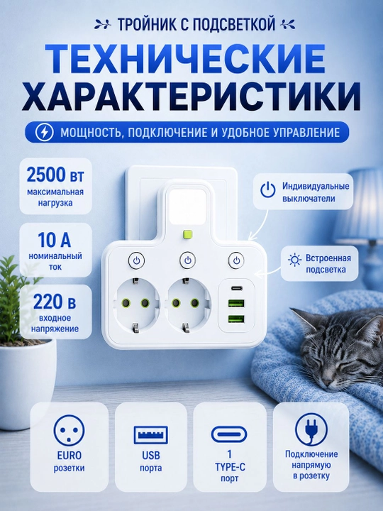 2 ta yevro rozetkali tarmoq ajratgich USB Type-C alohida tugmalar va tungi chiroq bilan