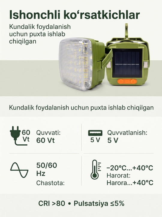 Quyosh paneli bilan quvvatlanuvchi LED chiroq, BELT MS, 60 Vt, 5 V, yashil