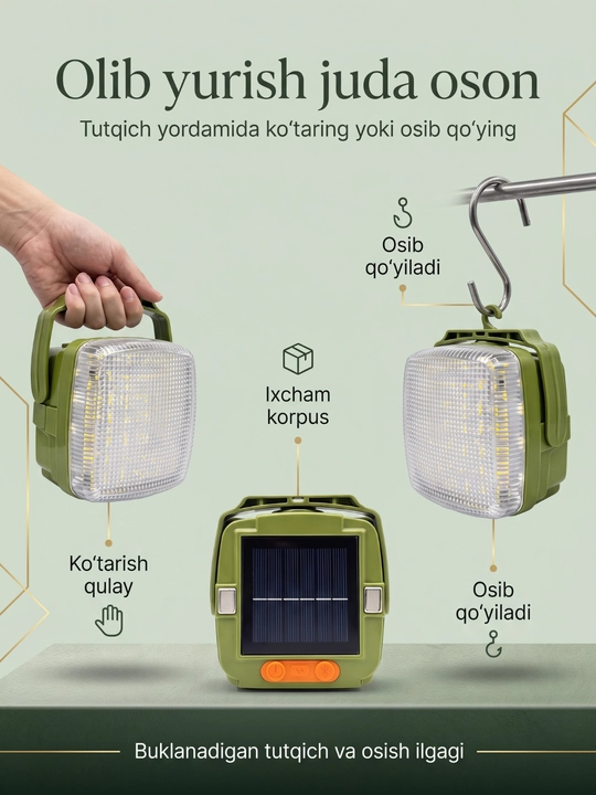 Quyosh paneli bilan quvvatlanuvchi LED chiroq, BELT MS, 60 Vt, 5 V, yashil