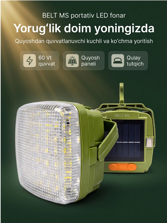 Quyosh paneli bilan quvvatlanuvchi LED chiroq, BELT MS, 60 Vt, 5 V, yashil