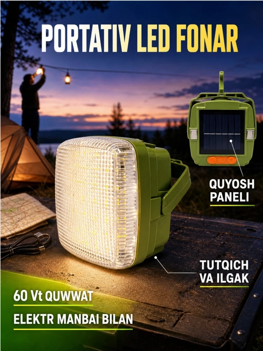 Quyosh paneli bilan quvvatlanuvchi LED chiroq, BELT MS, 60 Vt, 5 V, yashil - 