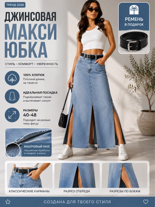 Юбка джинсовая с ремнем макси, женская с разрезом, длинная, высокая посадка - 