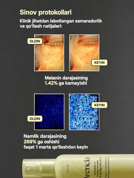 Arencia Vitamin C Glutathione Booster Mist niatsinamidli yuz uchun yorituvchi mist-buster