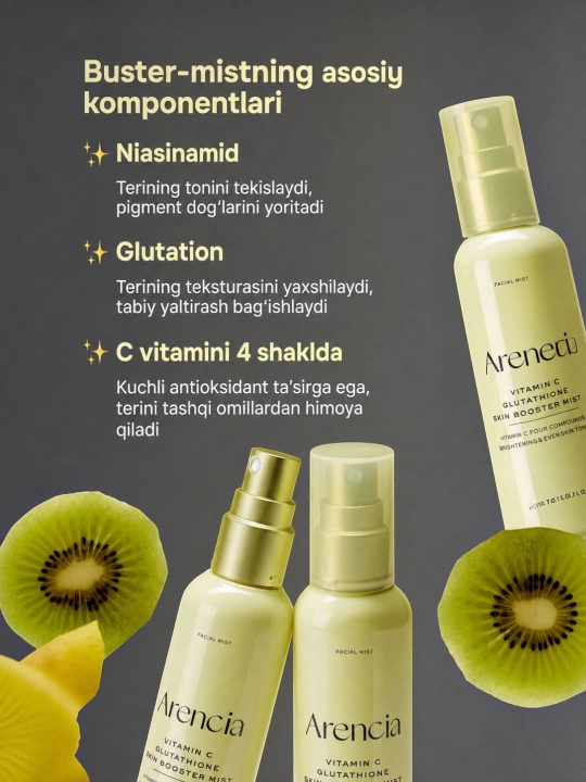Arencia Vitamin C Glutathione Booster Mist niatsinamidli yuz uchun yorituvchi mist-buster