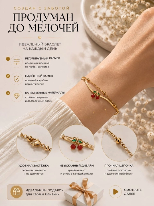 Нежный браслет с вишенками - 