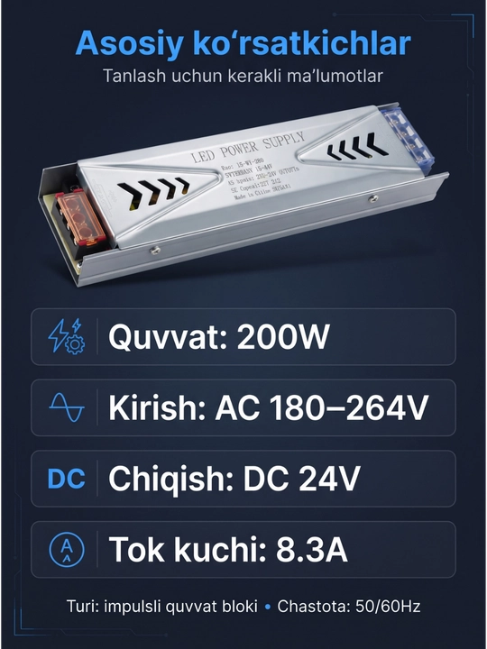 ESENCO 200W 24V quvvat bloki (AC 180–264V / DC 24V 8.3A) LED va elektr jihozlar uchun