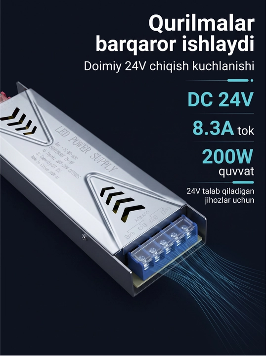 ESENCO 200W 24V quvvat bloki (AC 180–264V / DC 24V 8.3A) LED va elektr jihozlar uchun