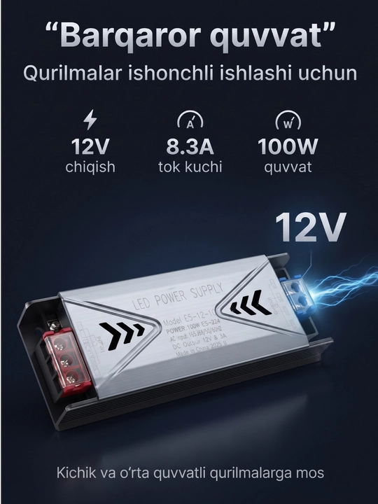 Блок питания ESENCO 100W 12V (AC 180–264V / DC 12V 8.3A) для LED и электрооборудования