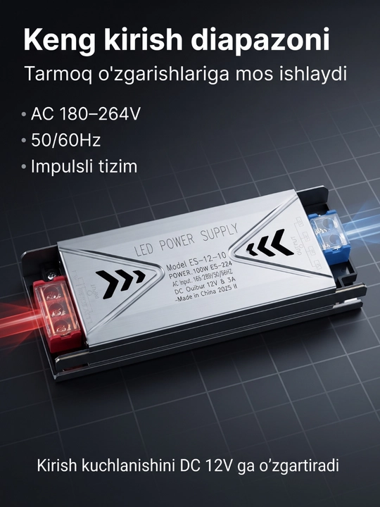 Блок питания ESENCO 100W 12V (AC 180–264V / DC 12V 8.3A) для LED и электрооборудования