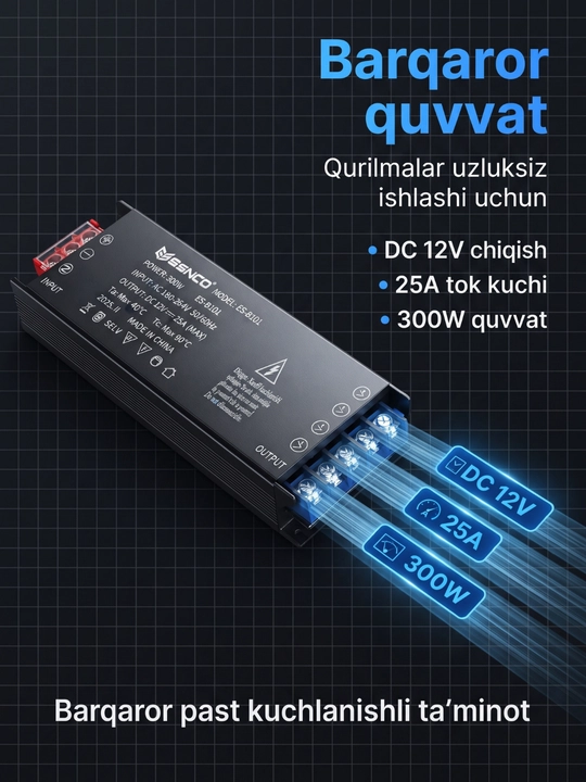 Блок питания ESENCO 300W 12V (AC 180–264V / DC 12V 25A) для LED и электрооборудования