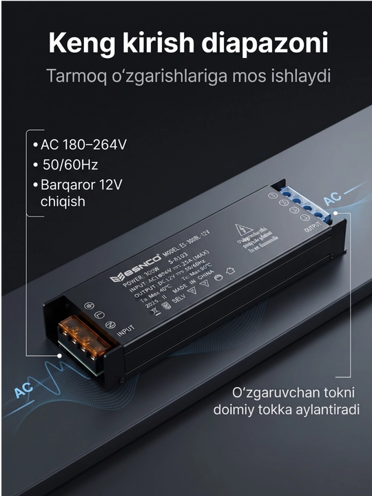 Блок питания ESENCO 300W 12V (AC 180–264V / DC 12V 25A) для LED и электрооборудования