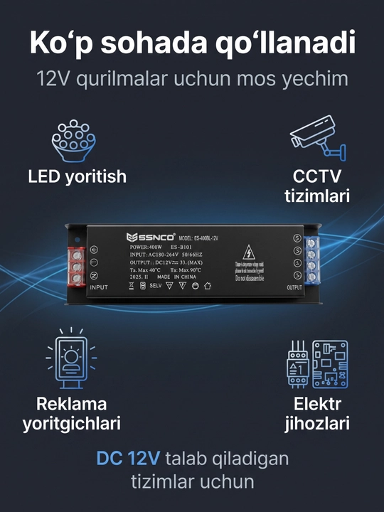 Блок питания ESENCO 400W 12V (AC 180–264V / DC 12V 33.3A) для LED и электрооборудования
