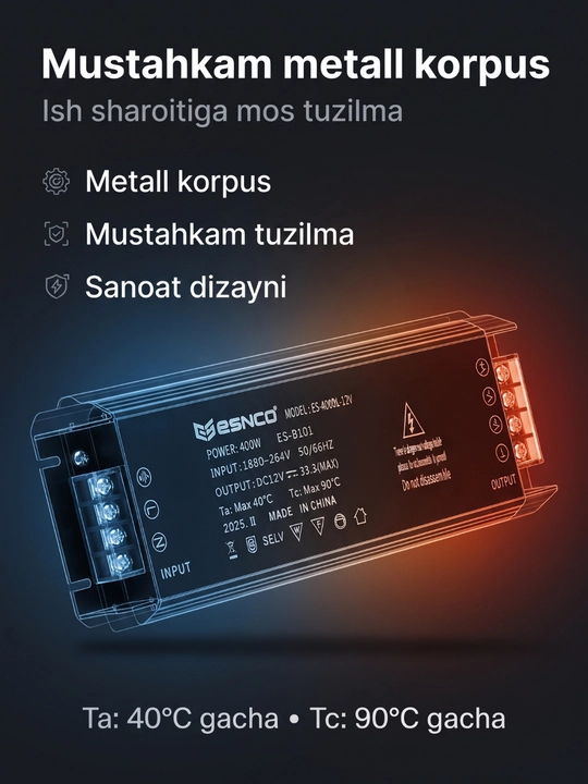 Блок питания ESENCO 400W 12V (AC 180–264V / DC 12V 33.3A) для LED и электрооборудования