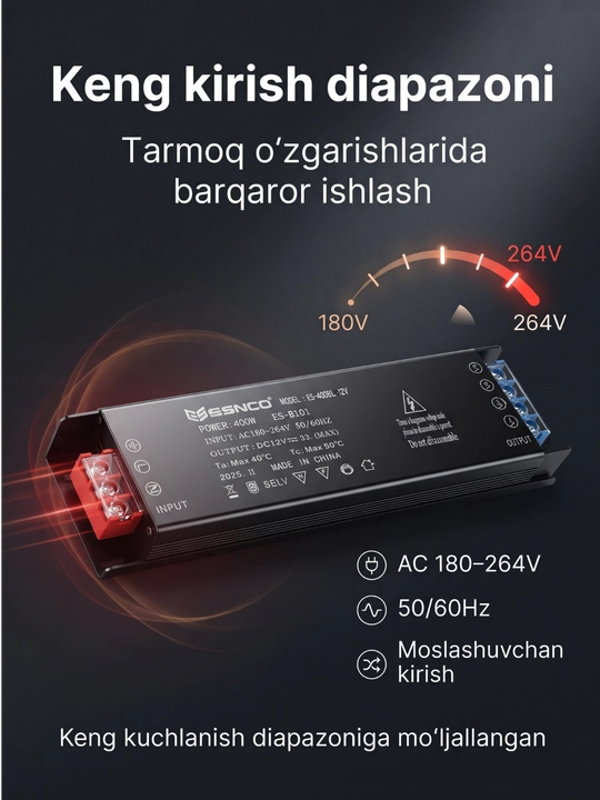 Блок питания ESENCO 400W 12V (AC 180–264V / DC 12V 33.3A) для LED и электрооборудования
