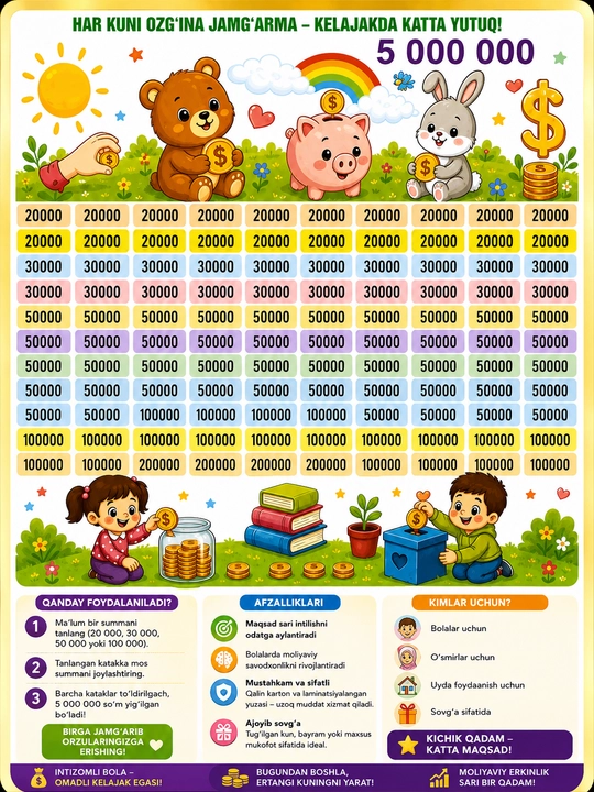 Копилка для накопления денег – варианты на 1 000 000, 3 000 000, 5 000 000 сум