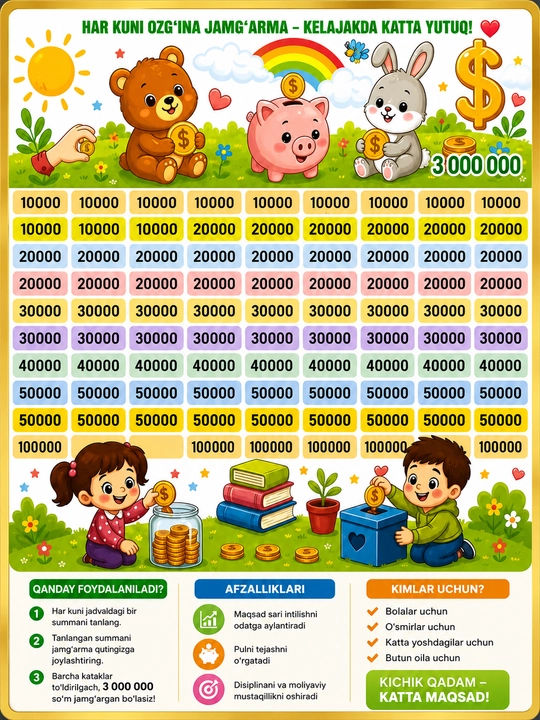 Копилка для накопления денег – варианты на 1 000 000, 3 000 000, 5 000 000 сум