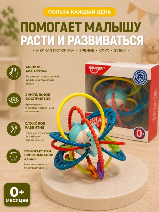 Развивающая игрушка шар-погремушка с прорезывателем для малышей 0+