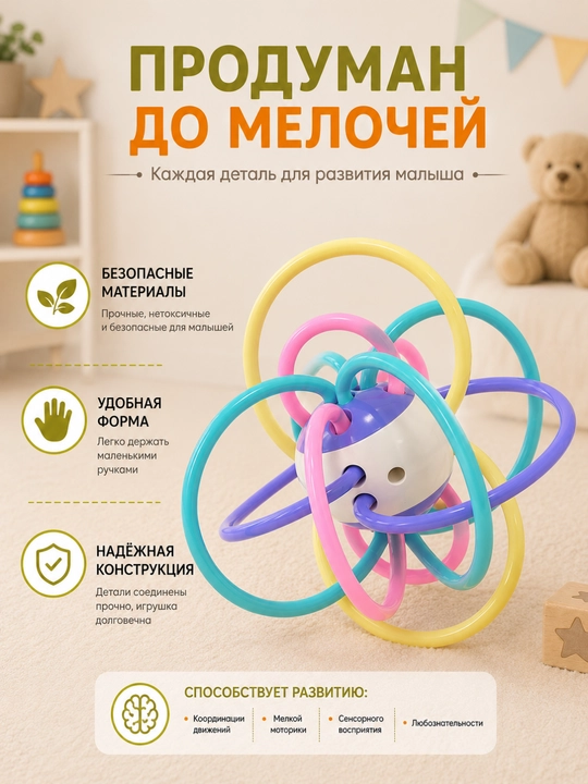 Развивающая игрушка шар-погремушка с прорезывателем для малышей 0+
