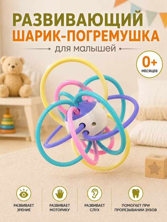 Развивающая игрушка шар-погремушка с прорезывателем для малышей 0+ - 