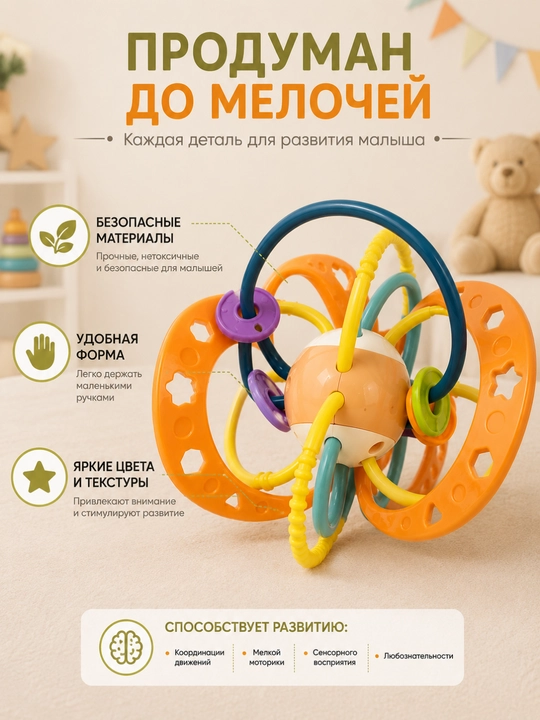 Развивающая игрушка шар-погремушка с прорезывателем для малышей 0+