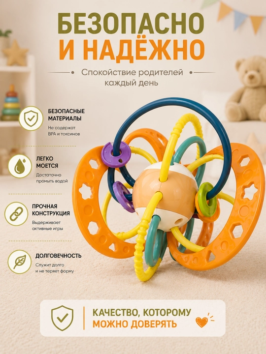 Развивающая игрушка шар-погремушка с прорезывателем для малышей 0+